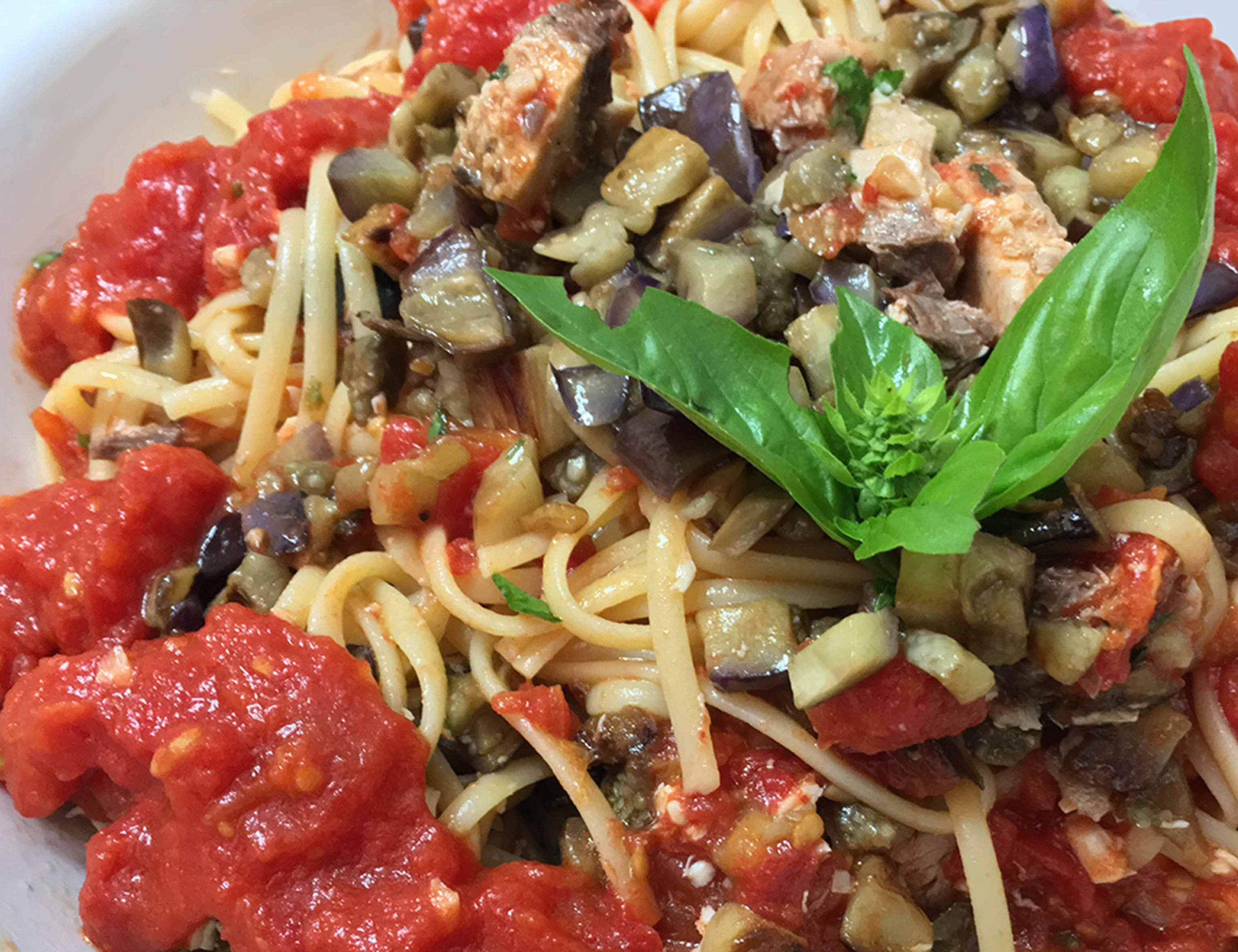 Sicilian Swordfish Pasta with Eggplant Tomato Sauce