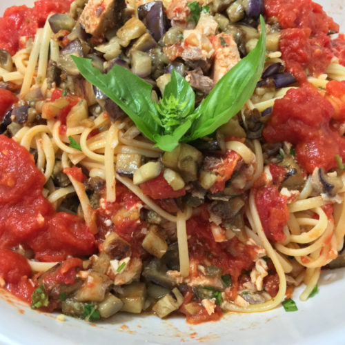 Sicilian Swordfish Pasta with Eggplant Tomato Sauce Recipe